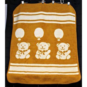 VTG Nursery Baby Children Blanket Teddy Bear Orange Beige Striped 43" x 52"